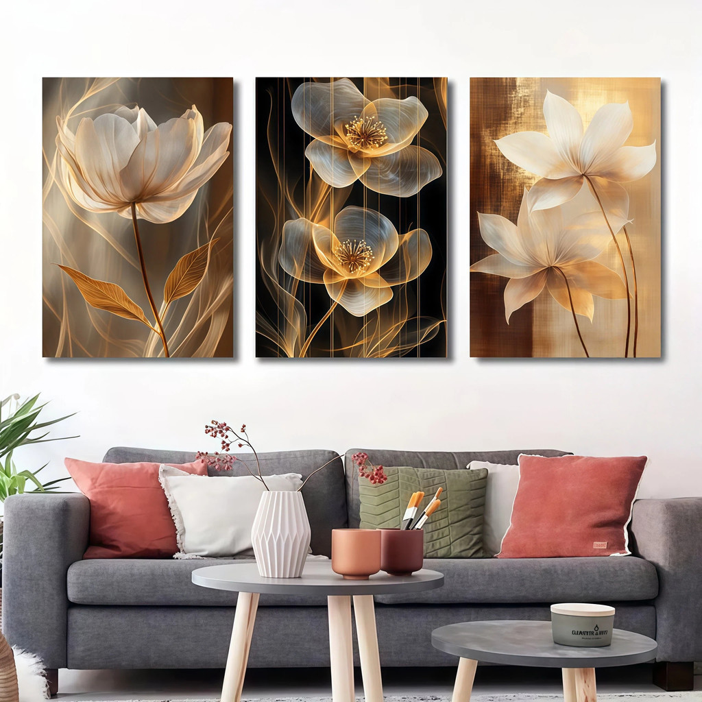 Set 3 Lukisan Bunga Tulip Luxury Gold - Wall Decor Abstrak Mewah untuk Interior Rumah