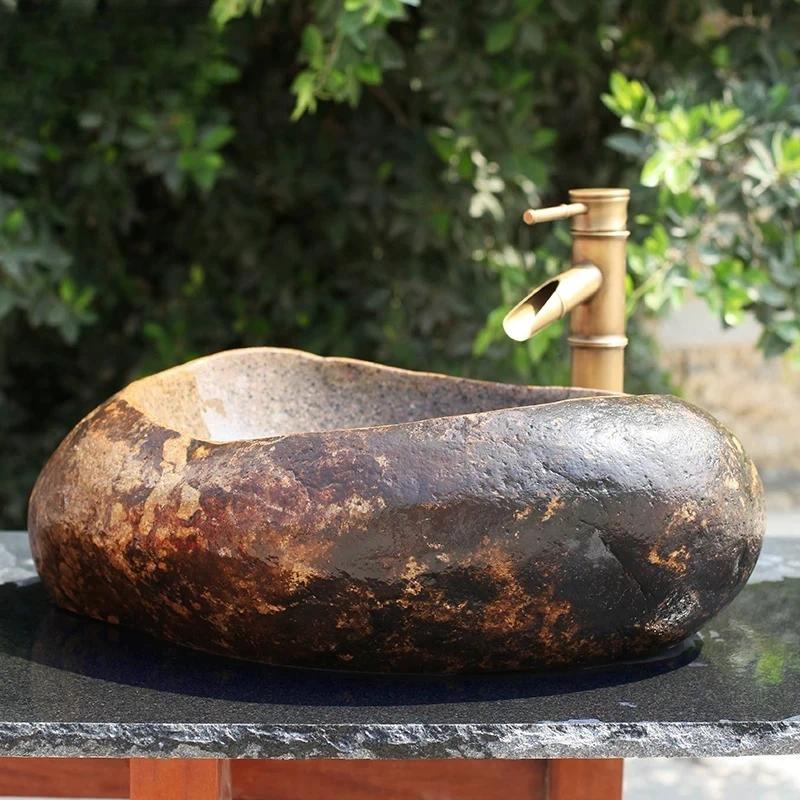 Natural Pebble Wash Basin Outdoor Art Stone Basin Vintage Courtyard Stone Countertop Basin
