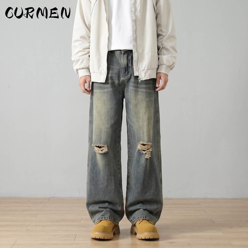 CURMEN Celana Jeans Kulot Pria Sobek Retro Longgar Pinggang Elastis Belakang
