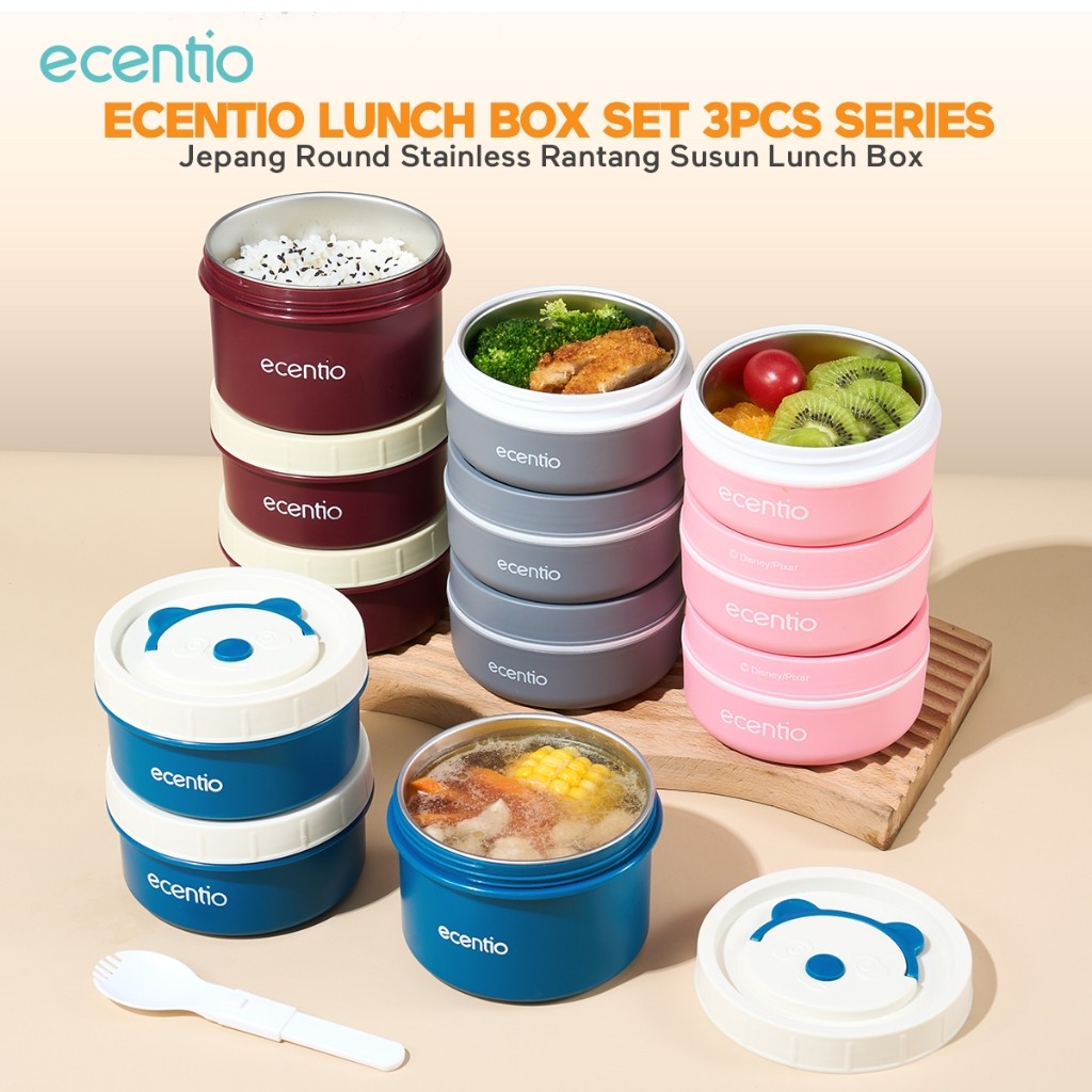 Zaza 【Jepang Round Stainless Lunch Box Seri】ecentio Lunch Box Set 3pcs Rantang Susun Lunch Box Porta