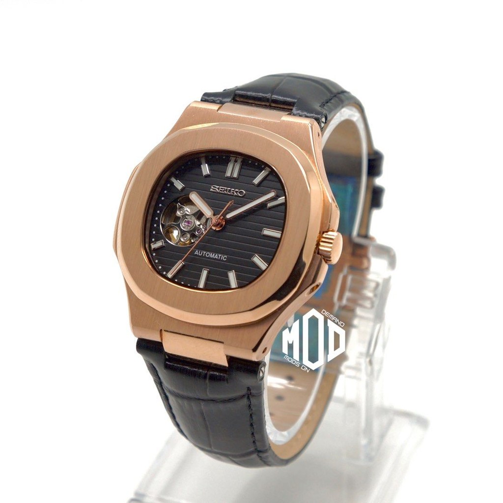 Seiko Naut Rose Gold Open Heart NH38 Automatic Leather