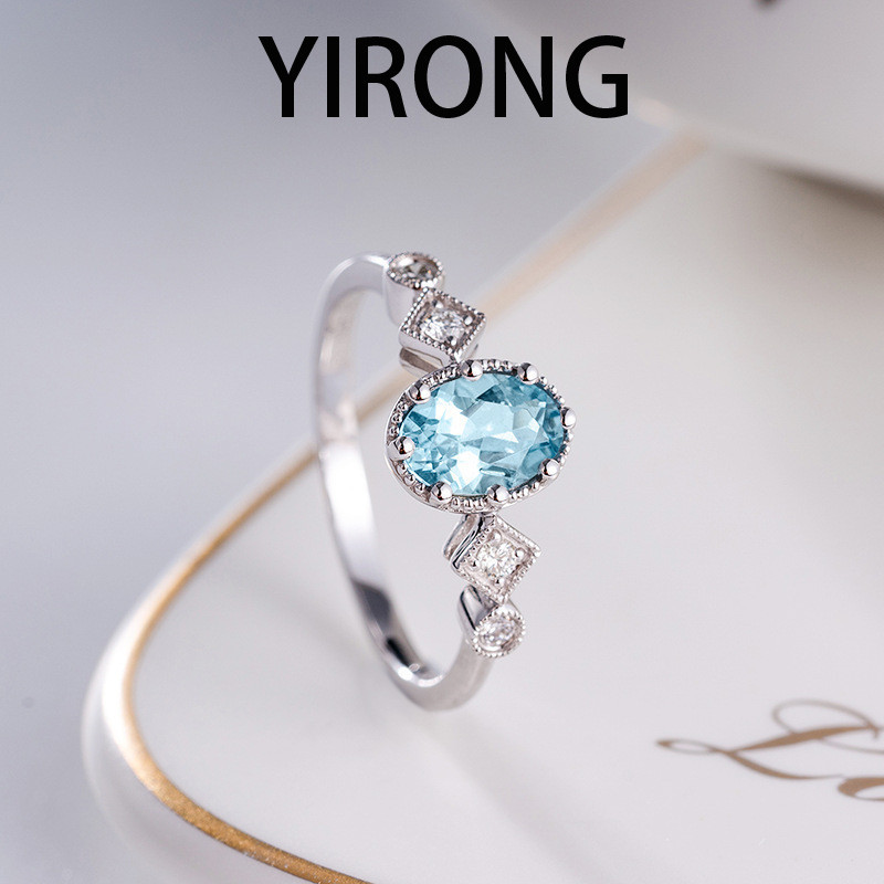 YIRONG Cincin Terbuka Sederhana Topaz Biru Laut yang Eksklusif dan Elegan