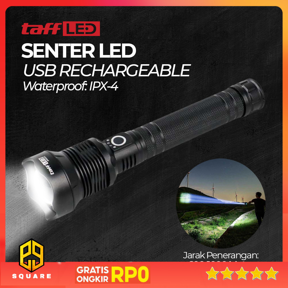 TaffLED Senter LED Flashlight USB Rechargeable XHP 70 2000 Lumens - JHS522X Original 99 Square