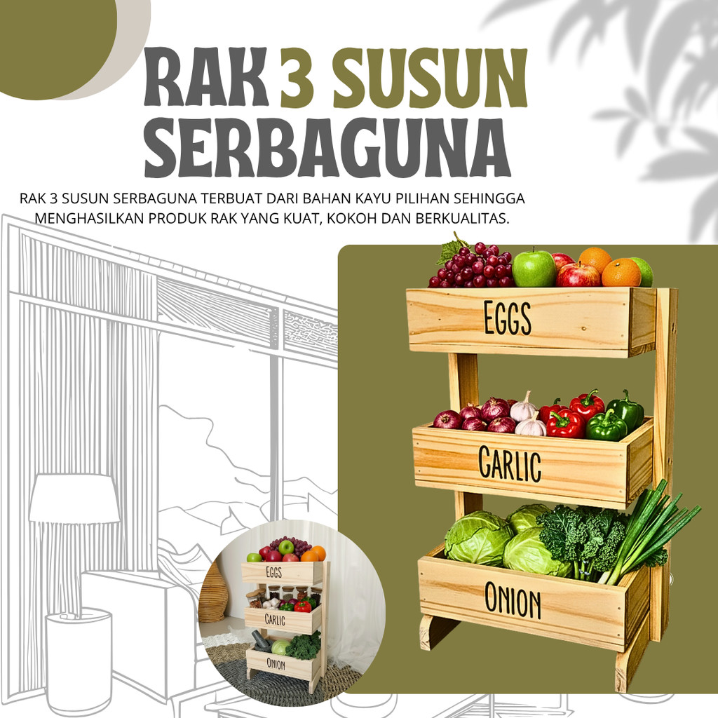 Rak Bawang Kayu 3 Susun / Rak Bumbu Serbaguna