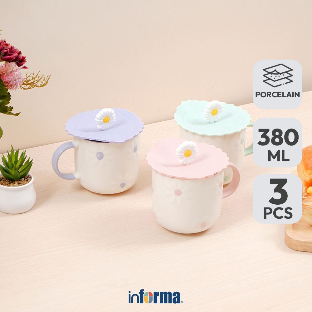 Informa Appetite Florie Mug Porcelain Dengan Tutup 380 ml Set 3 Pcs - Mix Gelas Minum Tea Cangkir Ko