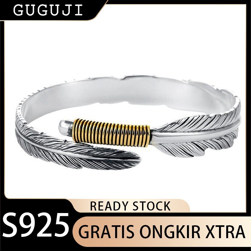GUGUJI Gelang Bulu Ekor Emas Vintage S925 Pria Trendy Kepribadian Gelang Solid Perhiasan Pria Imitas