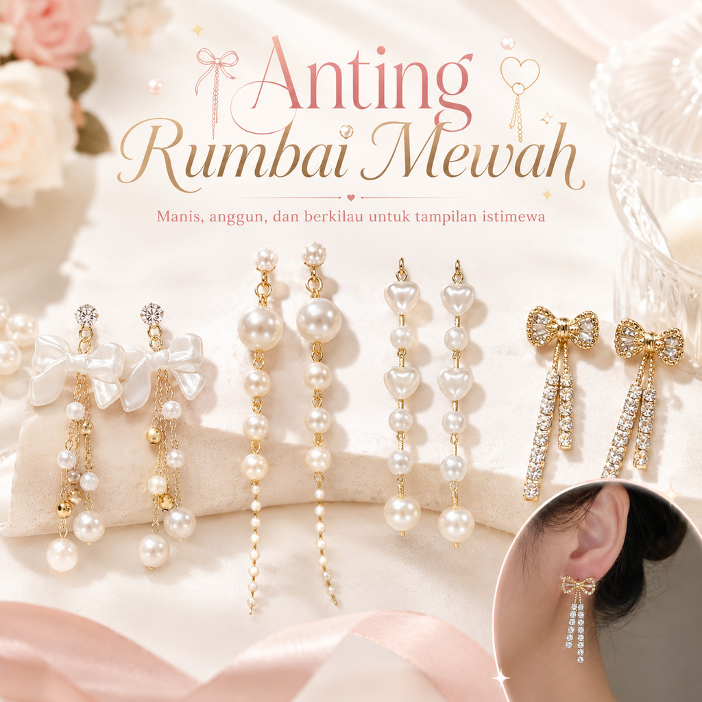 Anting Rumbai Wanita Mutiara Alloy Korea Pita Hati Panjang Elegan Fashion