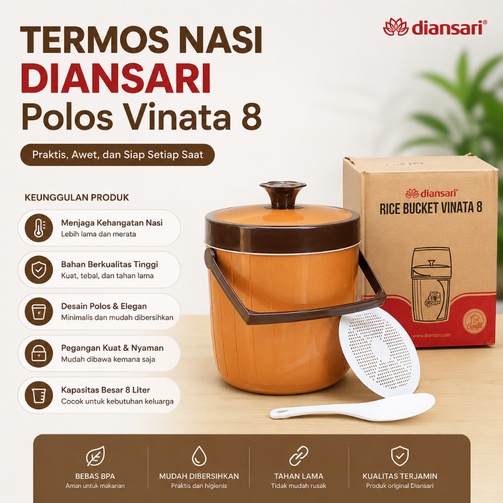 Termos Tempat Nasi Diansari Rice Bucket Polos Vinata 8 – Wadah Nasi Plastik dengan Tutup