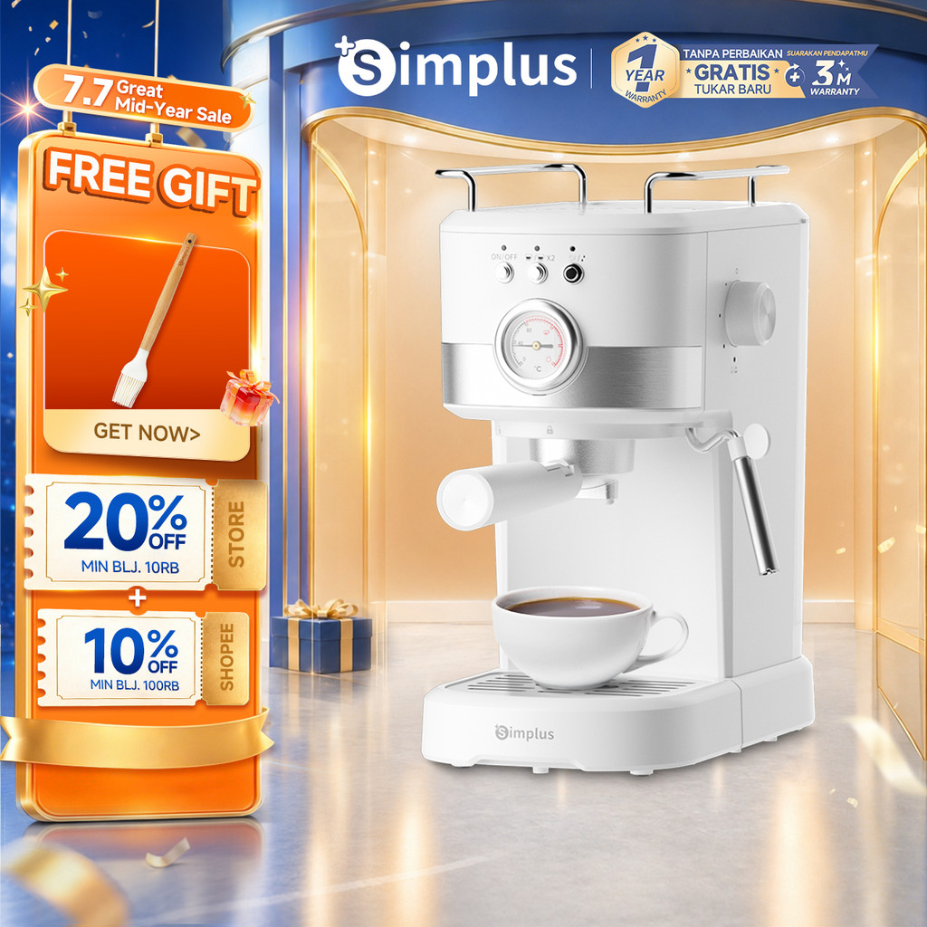 Simplus Mesin Espresso Semi Otomatis Tekanan 15bar Kapasitas Tangki 1,2L Ekstraksi 2 Gelas