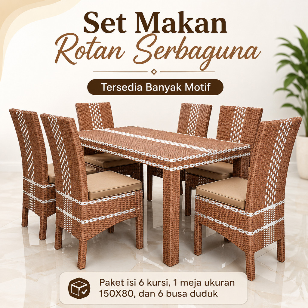 Set Meja Makan Minimalis 6 Kursi Modern Ruang Makan Keluarga Bahan Rotan Sintetis Premium