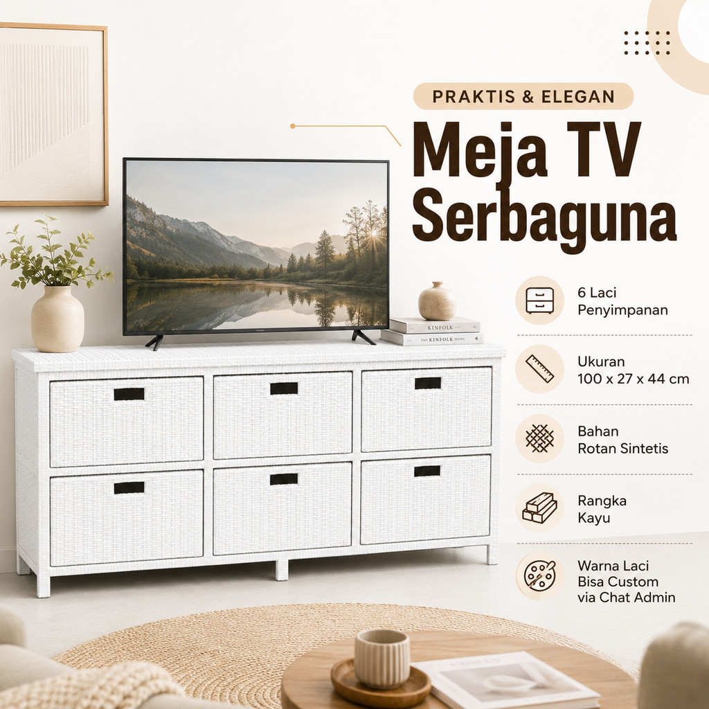 Buffet TV Rotan Sintetis 6 Laci Serbaguna Rangka Kayu Kokoh dan Awet