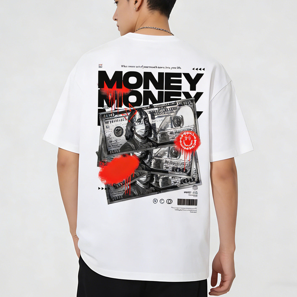 Kaos Lengan Pendek Uang Dolar Vintage Jalanan Amerika Longgar Tukang Tato Hip Hop Niche Katun Berat 