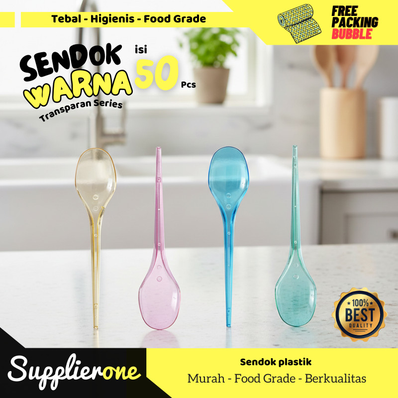 Sendok plastik warna/sendok warna warni/sendok makan transparan/sendok plastik/sendok isi 50pcs