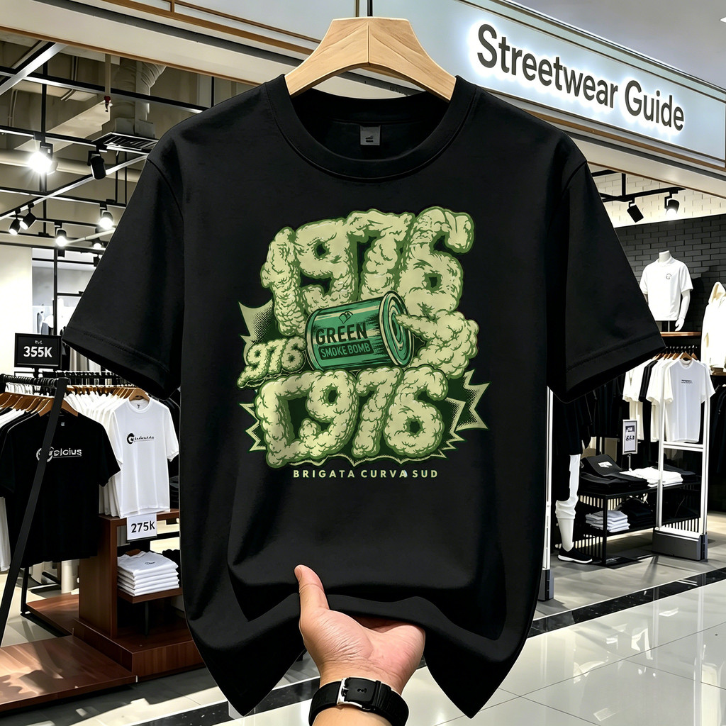 T Shirt Kaos Boxy Pria Green Smoke Bomb Desain Grafis Vintage Streetwear Unik Trendy