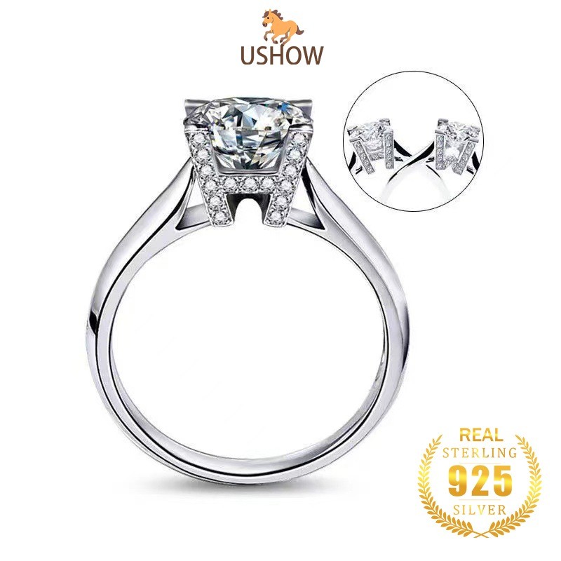 USHOW Cincin Tunangan Berlian Perak Sterling S925 Cincin Berlian Inisial HW Kreatif