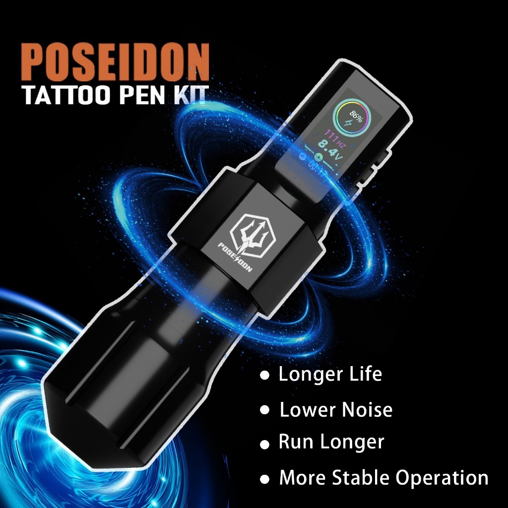 Pena Tato POSEIDON dengan Daya Nirkabel 1800mAh, Mesin Tato dengan Layar LED Digital, Pena Tato Nirk