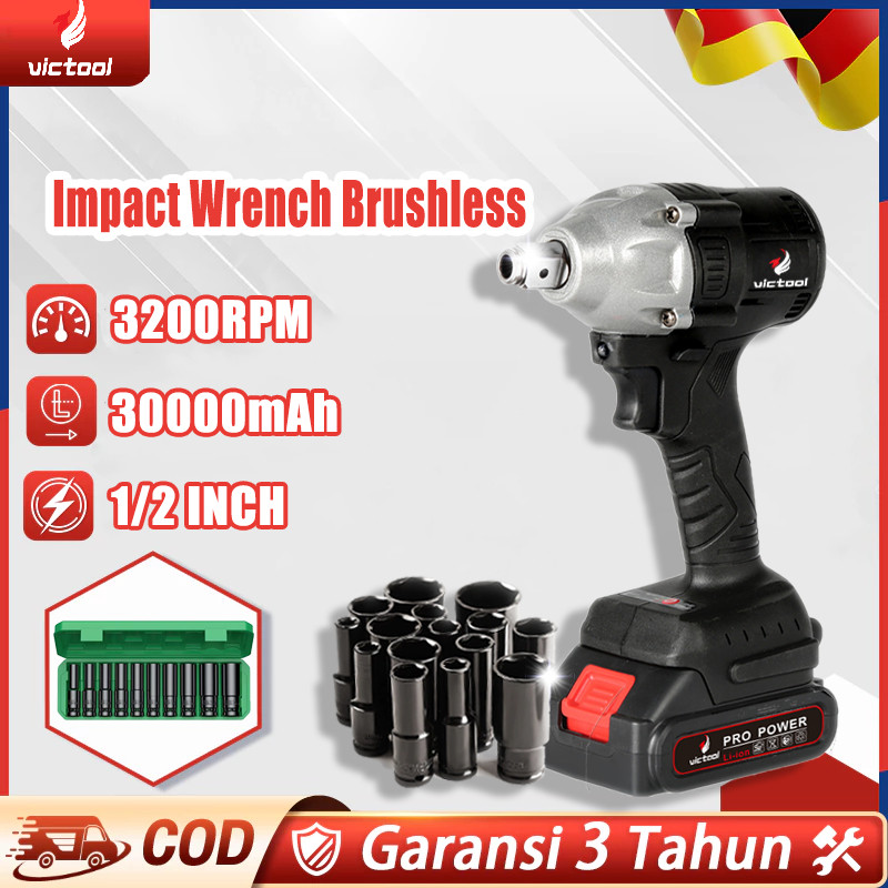 VICTOOL COD-Kunci Impact Wrench Tanpa Kabel 3200RPM Bor Impact Serbaguna 2 Baterai Cordless Impact W