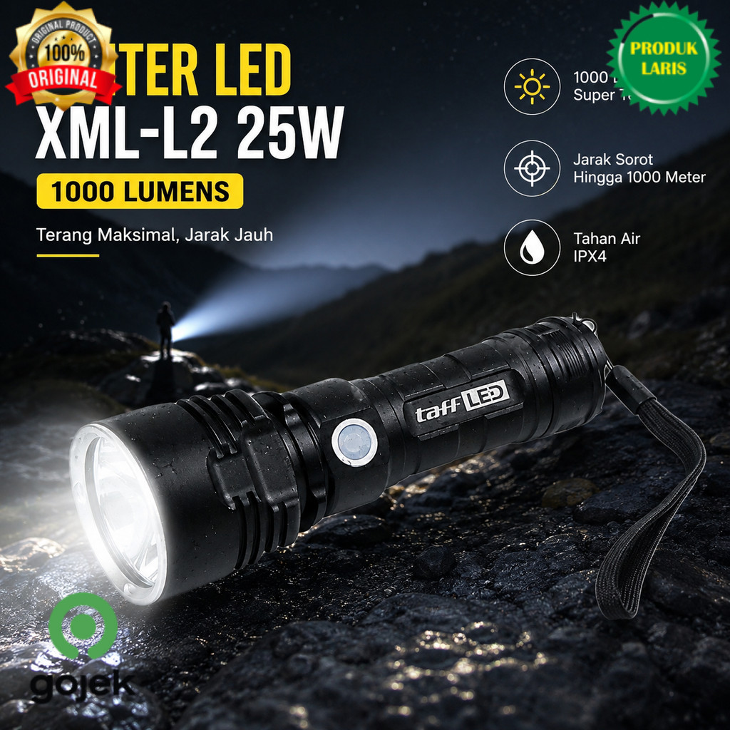 TaffLED Senter LED XML-L2 USB Rechargeable Long Range 25W 1000 Lumens - XML-L2