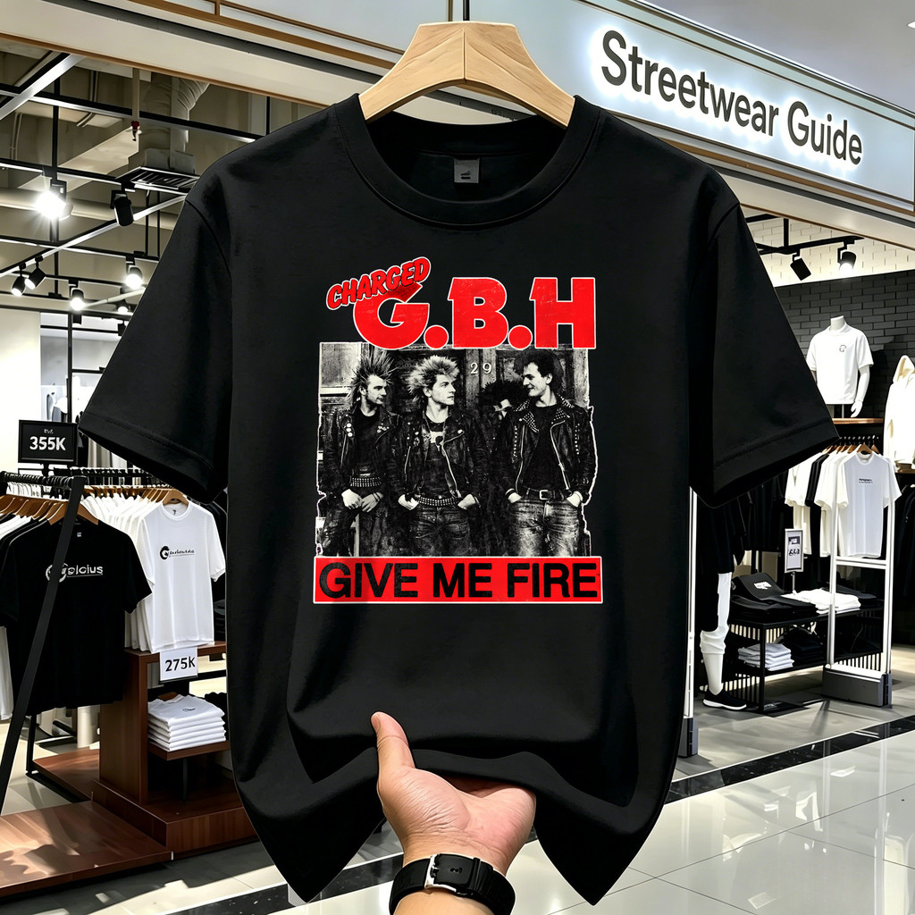 Kaos Band Charged GBH Give Me Fire Kaos Vintage Band Merch Kaos Pria Gaya American Style Kaos Lengan