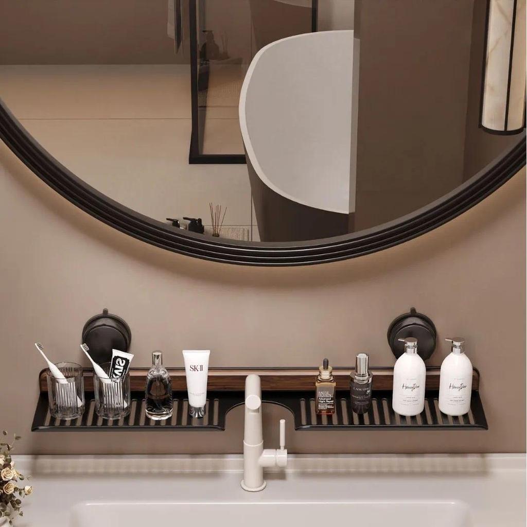 Walnut suction cup faucet storage rack, non perforated wall mounted bathroom, washbasin, sink storag