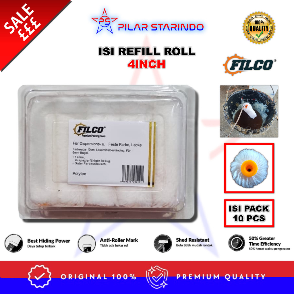 PILAR 10 PCS FILCO ISI REFILL KUAS ROLL 4 INCH / BULU KUAS ROLL KAPAL FIBER RESIN CAT MINYAK