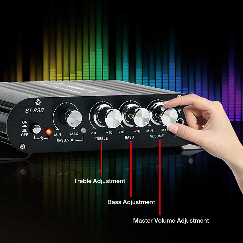 ST-838 HiFi 2.1 Channel Power Amplifier Bass and Treble Adjustment 80W*2 Stereo Bass Sound Amp Black
