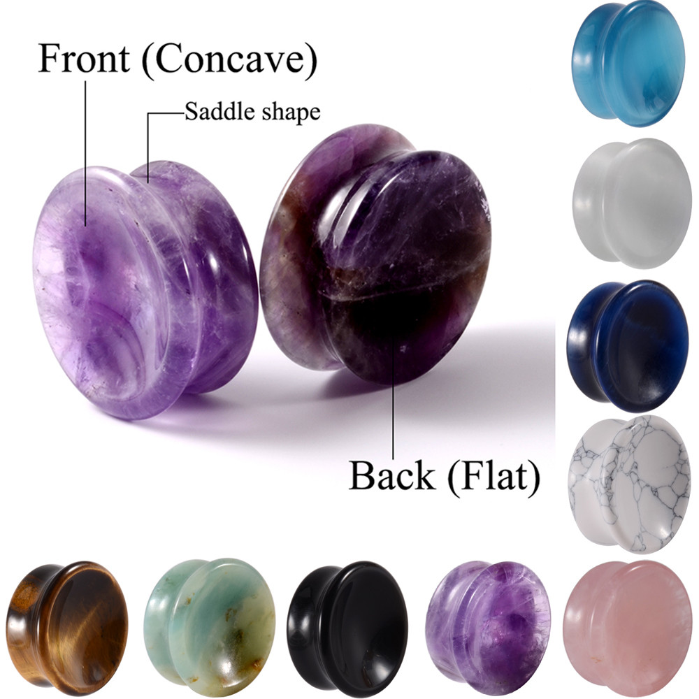 1Pair New Design Amethyst Tiger Cat Eye Howlite Crystal Stone Concave Ear Plug Double Flare Solid Ga