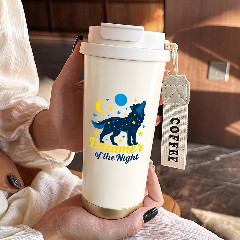 500ML Lily of the Valley Water Cup Fantasy Night Sky Wolf Pattern Vivid Wolf Howling Under Moon and 
