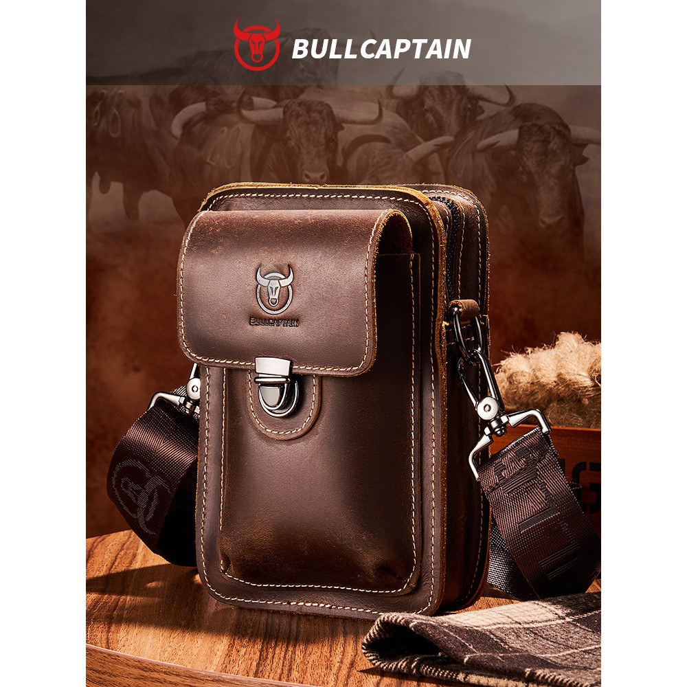 Tas selempang bahu multifungsi untuk pria, kulit asli Crazy Horse, tas pinggang ponsel untuk pakaian