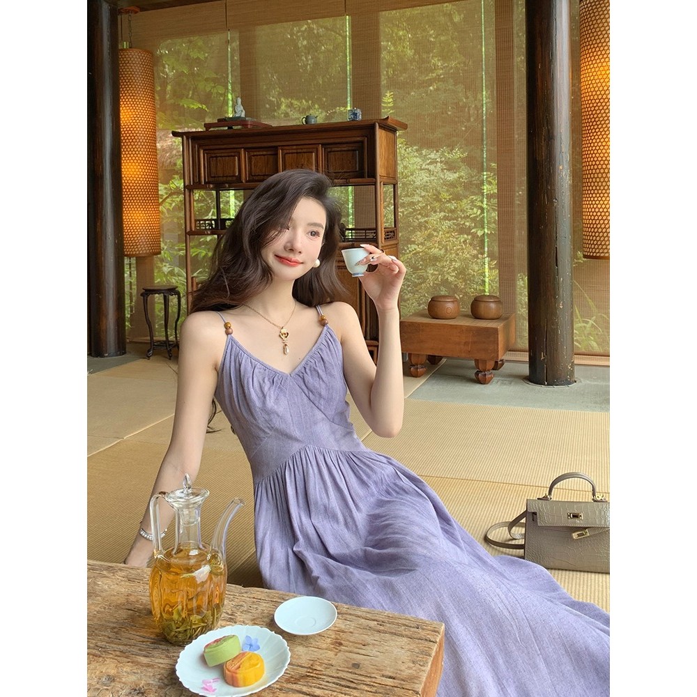 Dainty Vogue Gaun Suspender Ungu Wanita, Gaun Pantai Musim Panas