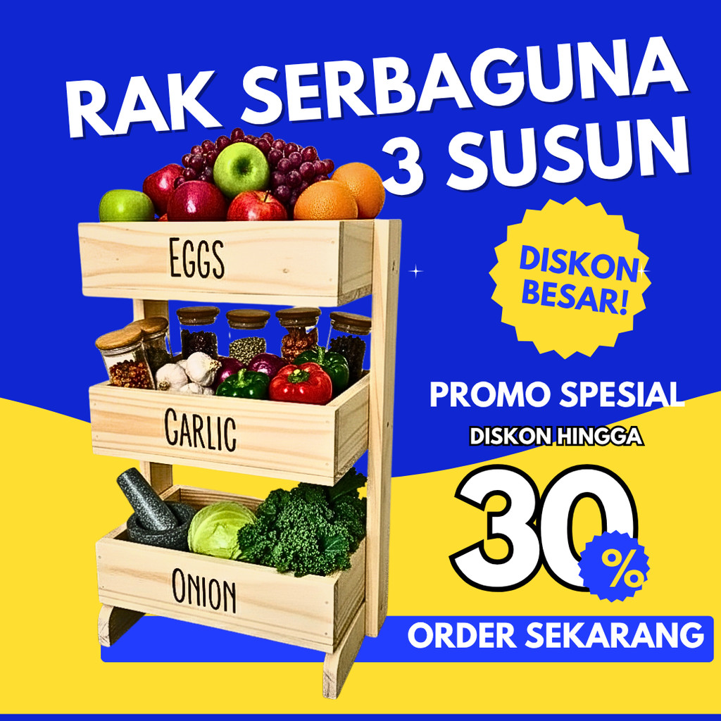 Rak Bawang Kayu 3 Susun / Rak Bumbu Serbaguna