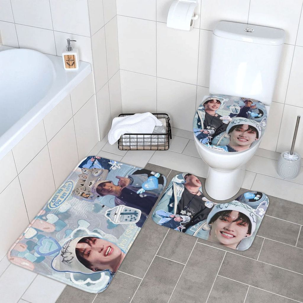 Bang Chan 3 Piece Bath Mat Bathroom Set Toilet Lid Cover Home Decor Non-Slip Carpet Floor Rug