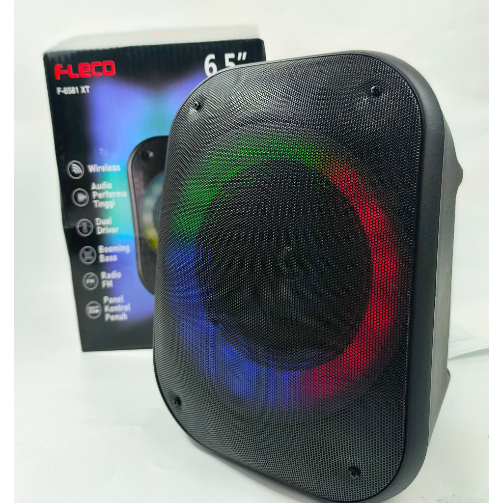 Speaker Bluetooth Portable Fleco F-6581 XT 10Watt BT FM AUX 6.5 inch DC5V Battery 1800mAh Free Mic W