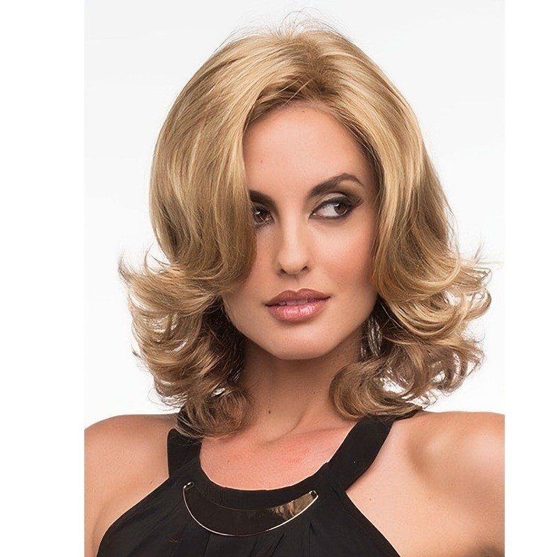 New Fashion Short Curly Hair Wig Brown Side Part Synthetic Hair Full Head Wig Hair Split Pear Flower