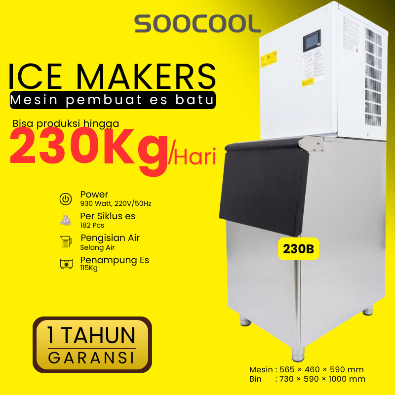 ICECOOL Mesin Pembuat Es Kristal Komersil Kapasitas 220 Kg, Hemat Daya Mesin Es Cube Untuk Usaha Caf