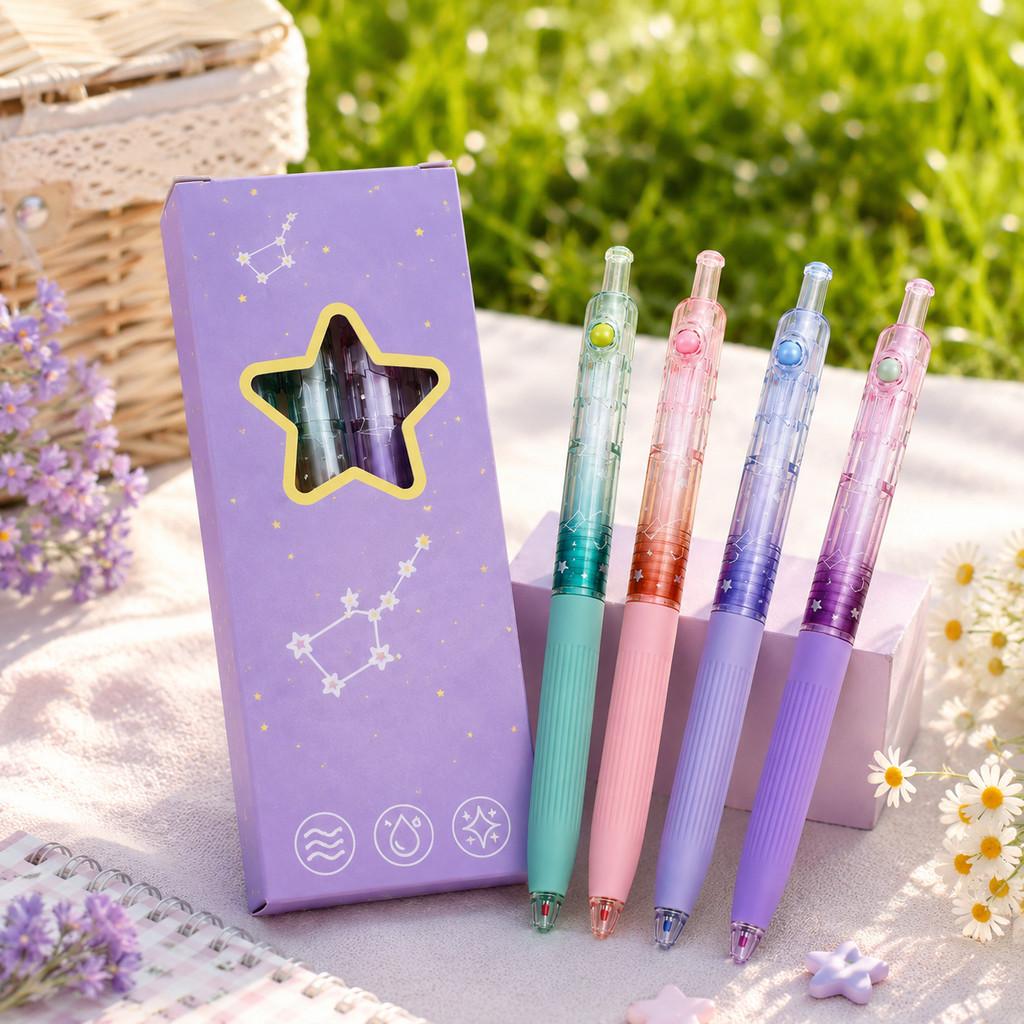 SET PULPEN GEL WARNA PASTEL 4 PCS / MOTIF BINTANG DAN KONSTELASI / PULPEN AESTHETIC