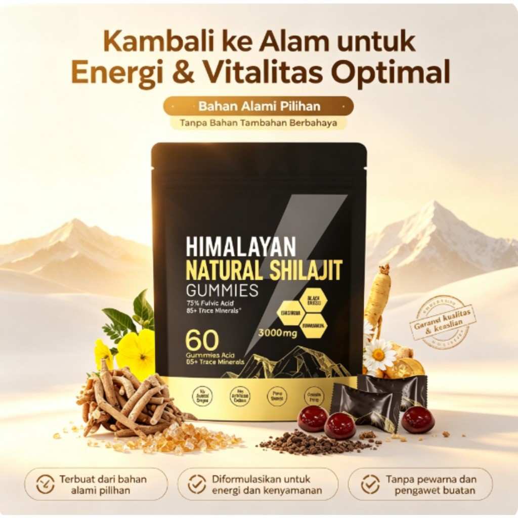 Suplemen VivoNu Gummy Shilajit Himalaya 3000mg & Ashwagandha Kaya 85 Mineral dan Asam Fulvat Menduku
