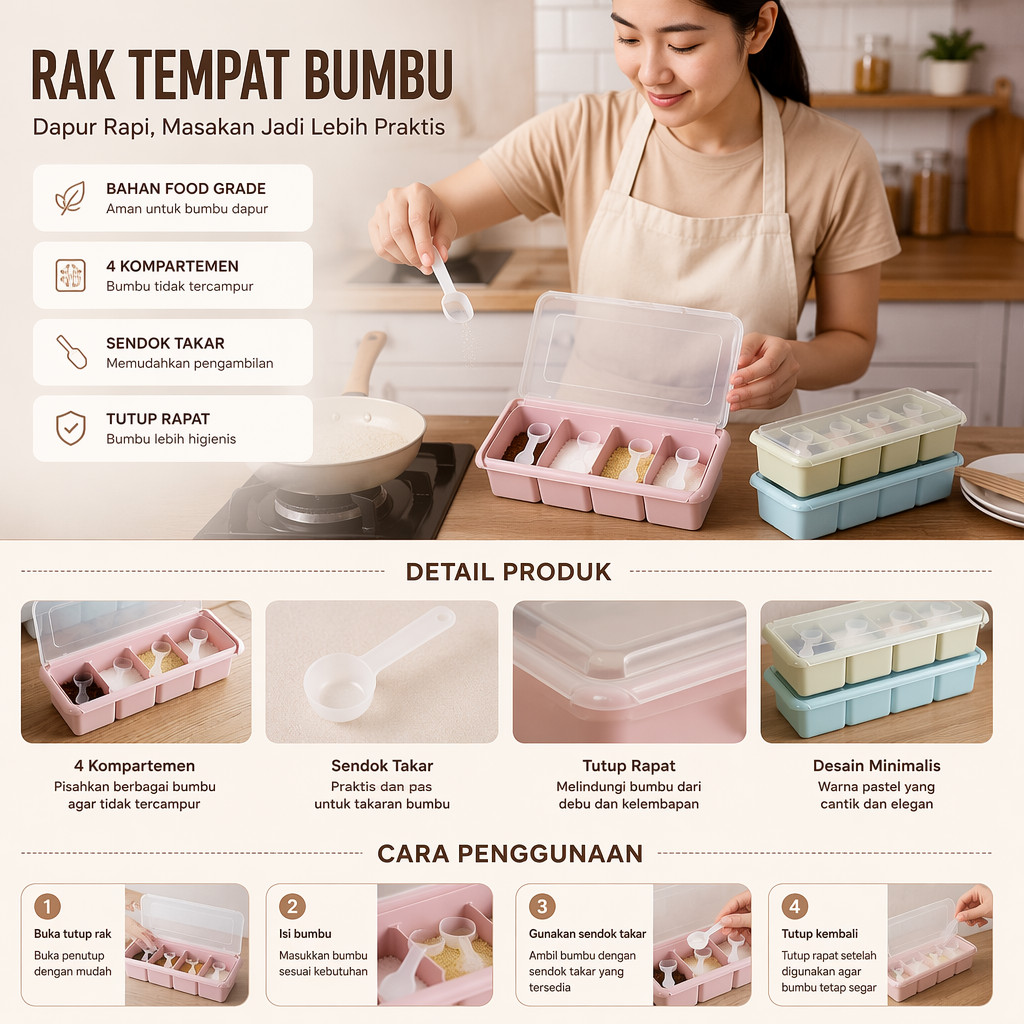 Rak Case Kotak Tempat Penyimpanan Bumbu Dapur 4 Sekat 4in1 Storage Box