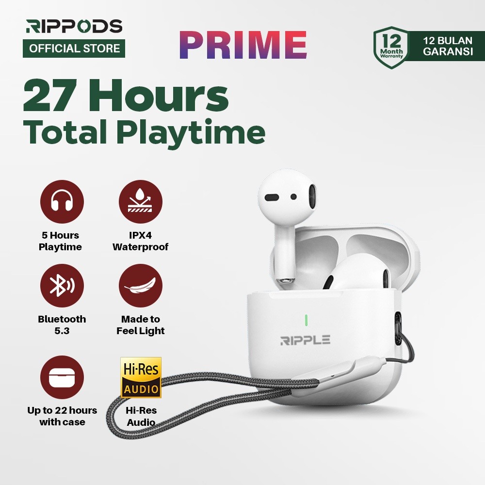 RIPPLE TWS Prime Headset Noise Canceling Bluetooth V5.3 Earphone Handsfree Free Lanyard Rippods/Terb