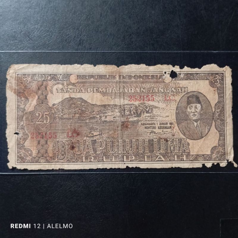 (READY STOK) uang kertas kuno 25 rupiah seri ori tahun 1947 bekas jelek (TERLARIS)