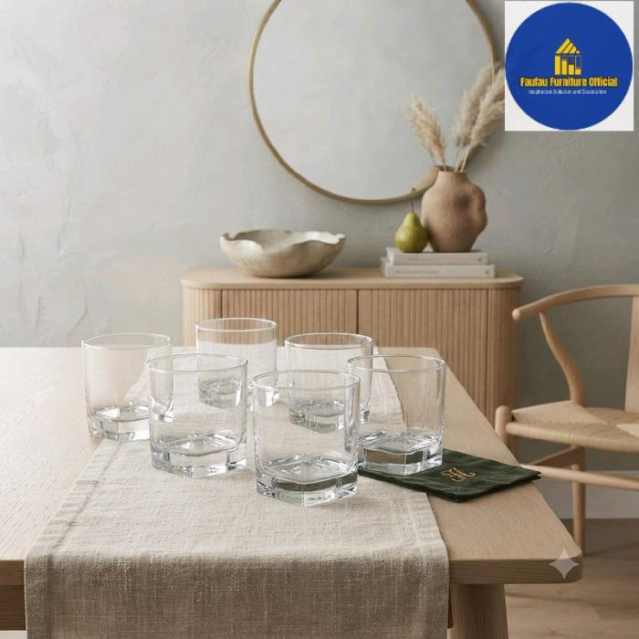 1 Set 6 Pcs Gelas Kaca Pendek 355ml Drinking Glass Desain Modern Merk Brand USA Original - Bening