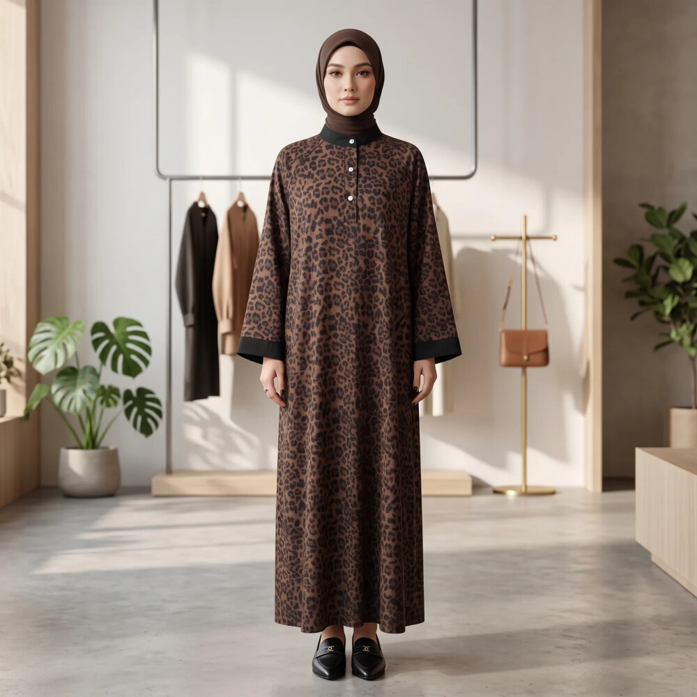 FADFAD Gamis Wanita Motif Macan Tutul Lengan Panjang Model Kekinian | gamis muslimah | baju lebaran 