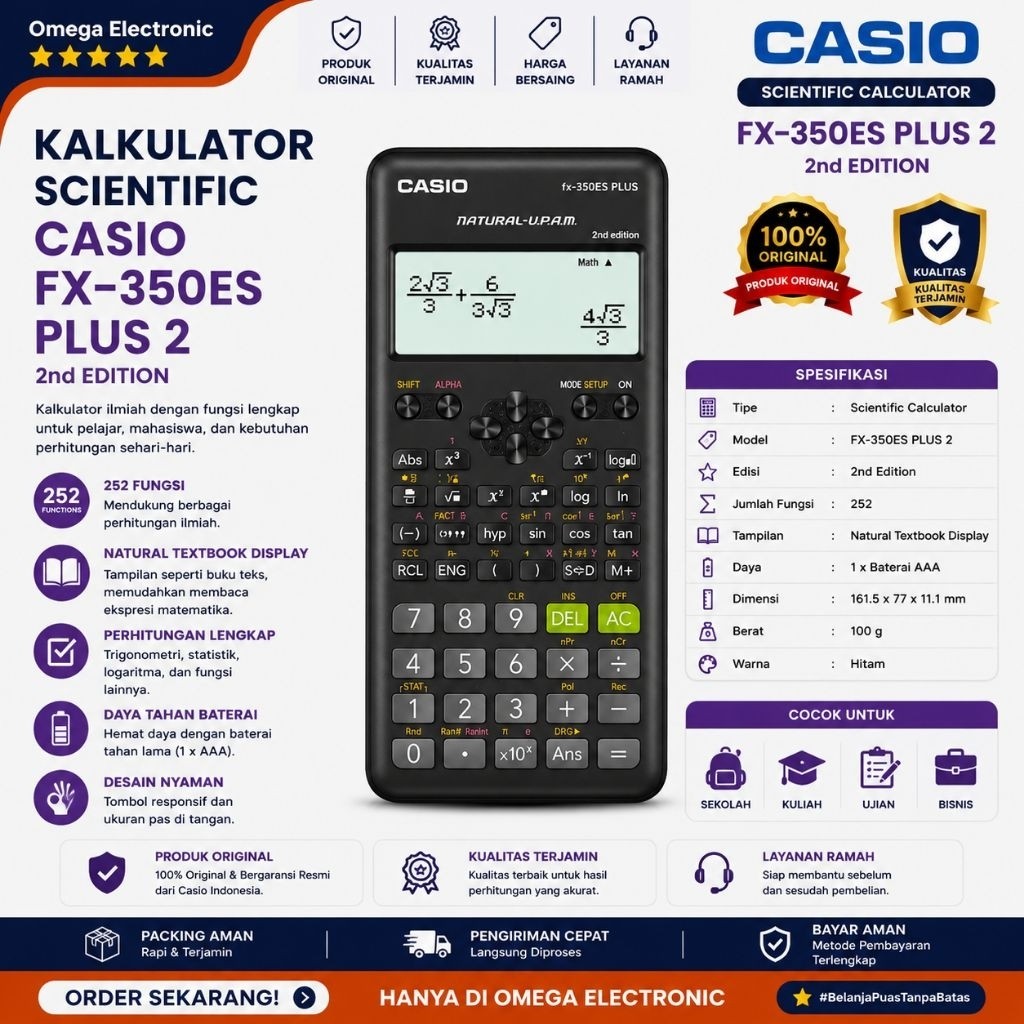 Casio Calculator Scientific FX 350 ES PLUS - Kalkulator Casio Sekolah Kuliah FX-350ES PLUS