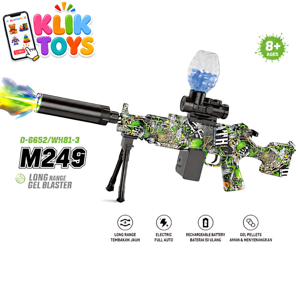 KLIK TOYS D-6652/WH81-3 M249 FULLY/SEMI AUTOMATIC Mainan Pelontar Gel Lampu Untuk Hobi Remaja