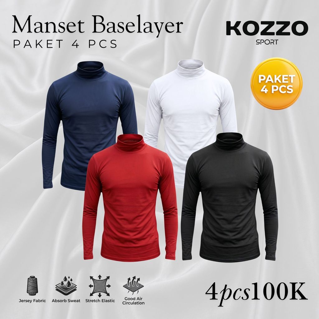 4 pcs Kaos Manset Olahraga Lengan Panjang Baselayer Kozzo dan Polos Tanpa Lubang Jempol