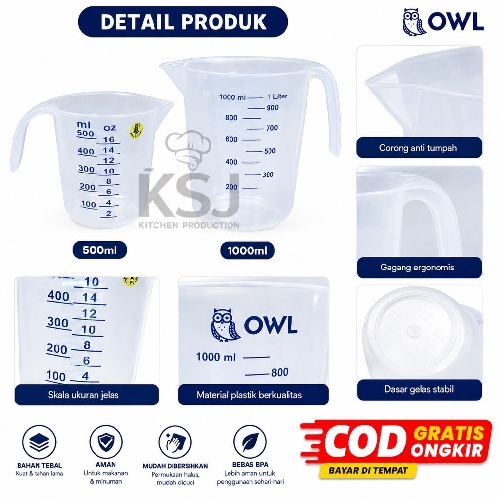 Gelas Takar Plastik OWL 500 ml 1000 ml 1 Liter Murah Alat Takaran Serbaguna Air Susu Minyak Measurin