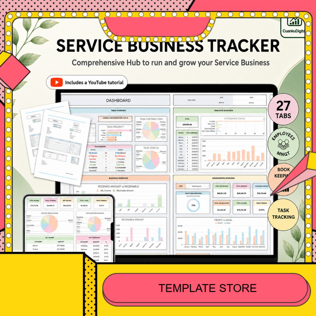 Template Pembukuan Usaha Jasa, Invoice, Klien, Order, Task Tracker, Spreadsheet Otomatis Lengkap Pro