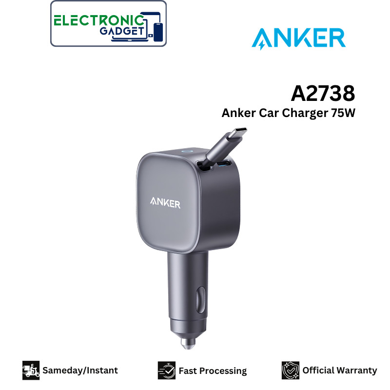 Anker Car Charger 75W Max Ultra-Compact with Built-in Retractable Type C Cable - A2738