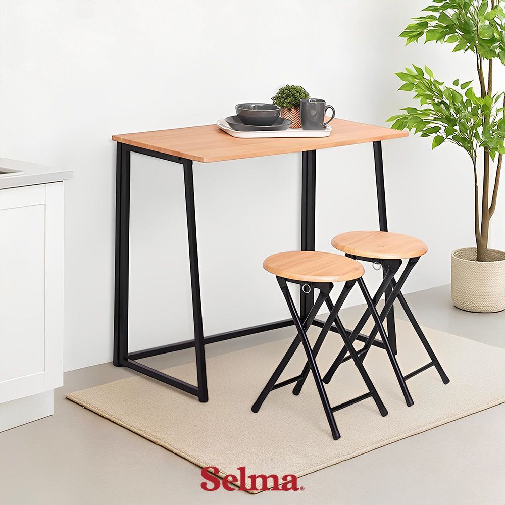 Selma Set Meja Makan Lipat 2 Kursi - Hitam/Cokelat Oak Dining Table Meja Makan Minimalis Ruang Makan