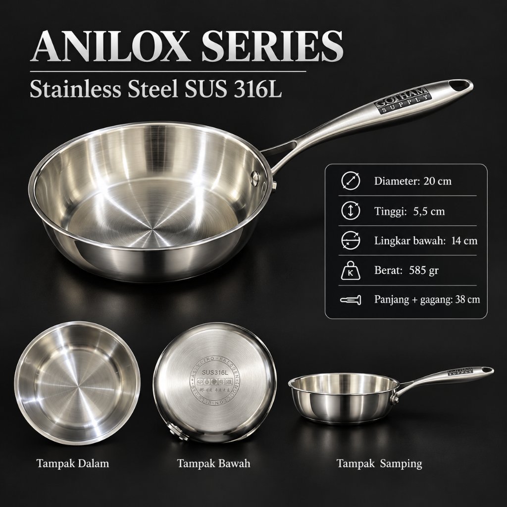 Panci Frying pan anilox SUS 316L 3layer / Panci wajan stainles steel ukuran 20cm
